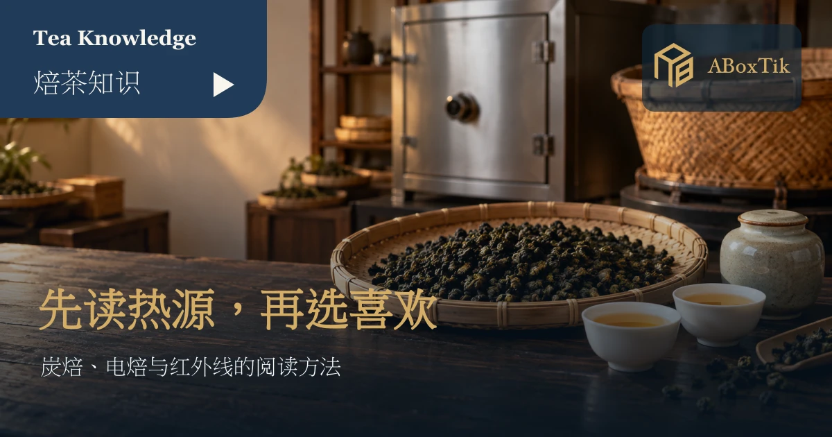 焙茶工作台情境：竹盘干茶、白茶杯与后方模糊的箱型机和焙笼