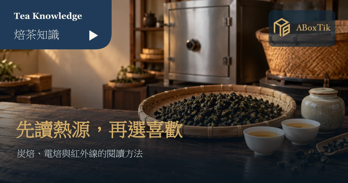 焙茶工作檯情境：竹盤乾茶、白茶杯與後方模糊的箱型機和焙籠