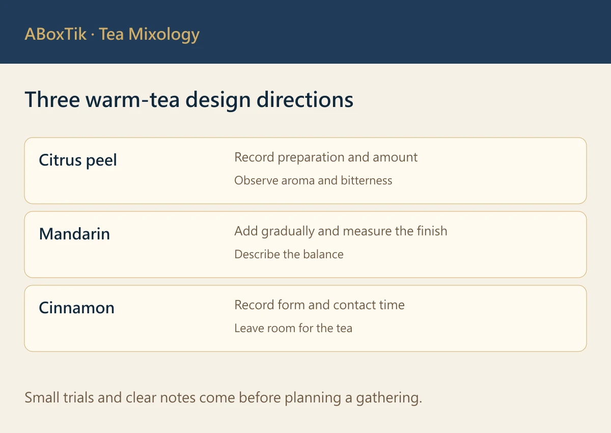 Three warm tea design directions with one change recorded per trial