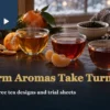 Warm tea design setting with three clear cups, citrus, cinnamon spice and a blank notebook