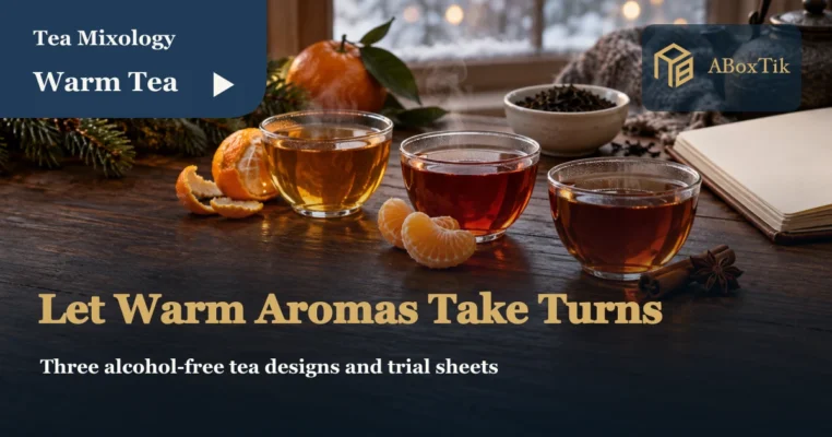 Warm tea design setting with three clear cups, citrus, cinnamon spice and a blank notebook