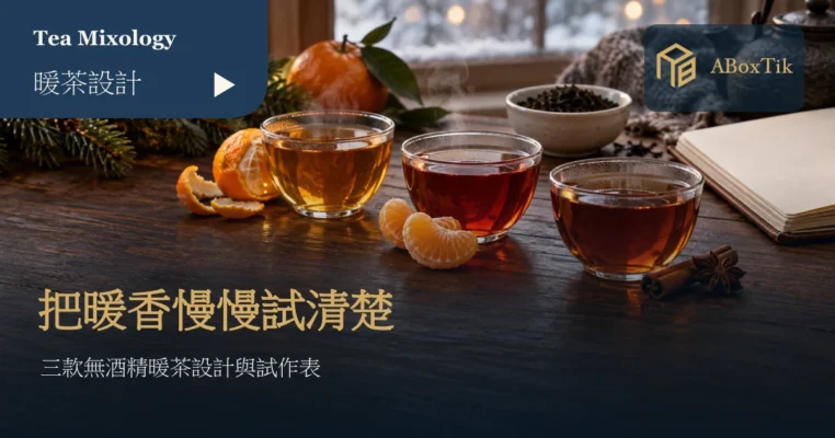 暖茶設計情境：三只透明茶杯、柑橘、肉桂香料與空白筆記本