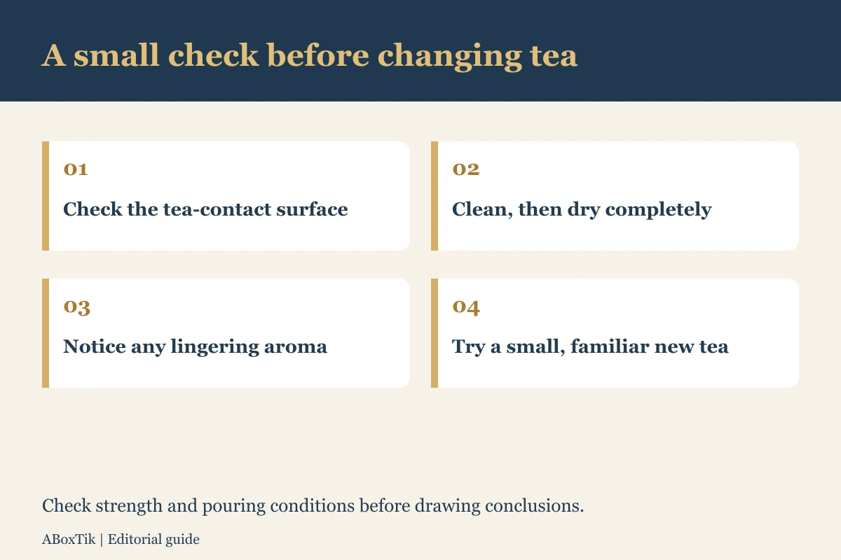 Clay teapot care changing-tea checklist: check the interior, clean and dry, notice aromas, try a small brew