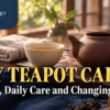 Clay teapot care tea table with an unglazed pot, lid resting separately and a tea cup