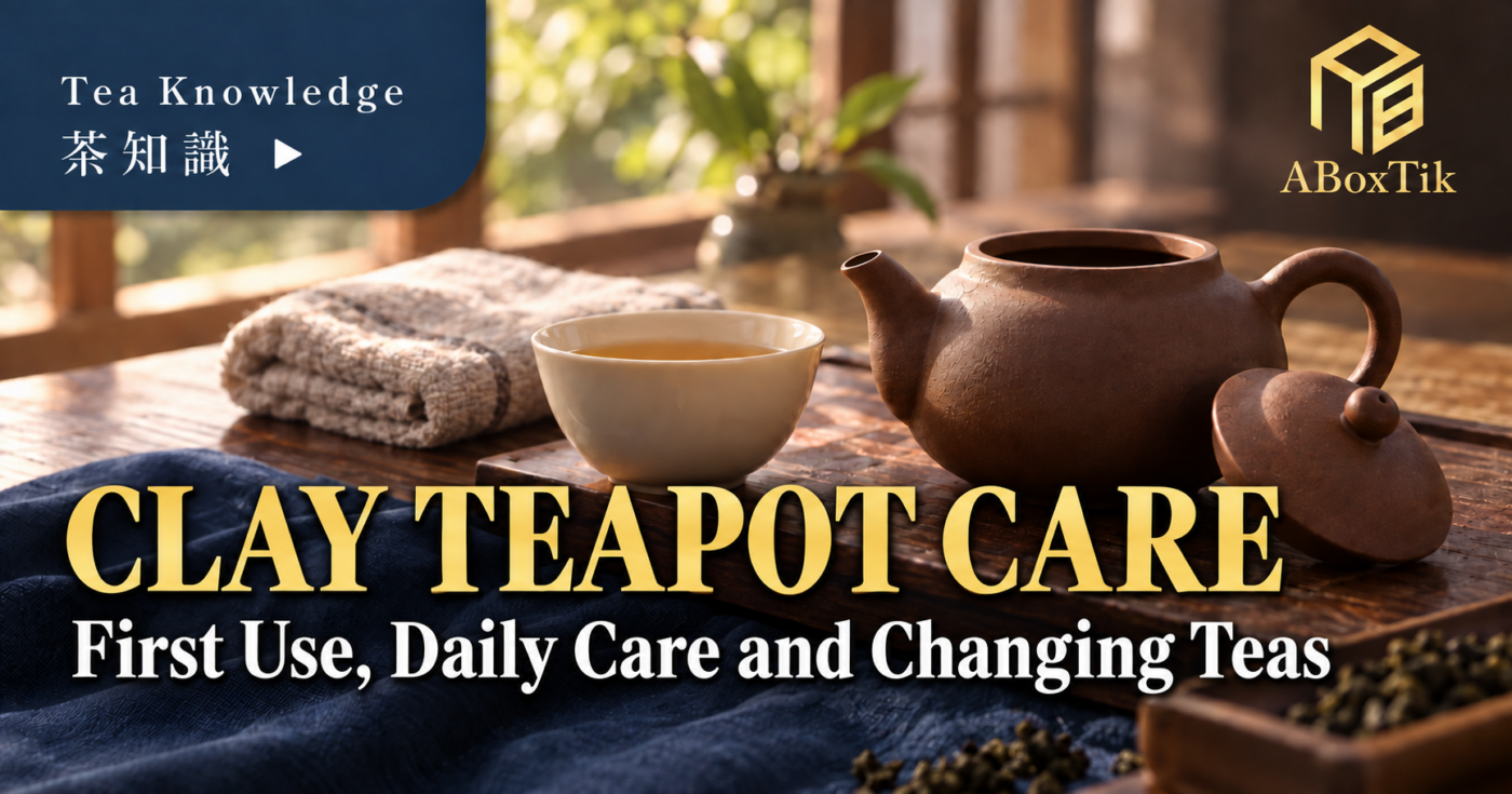Clay teapot care tea table with an unglazed pot, lid resting separately and a tea cup