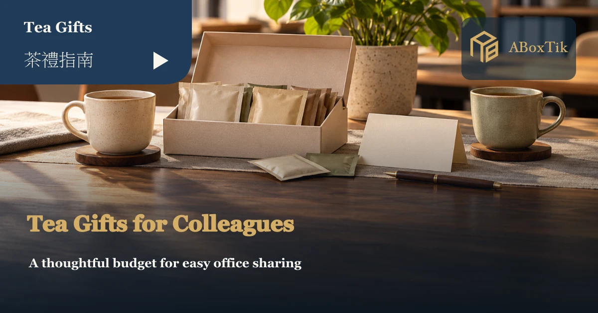 Tea gifts for colleagues with wrapped tea, mugs and a blank note card on an office table