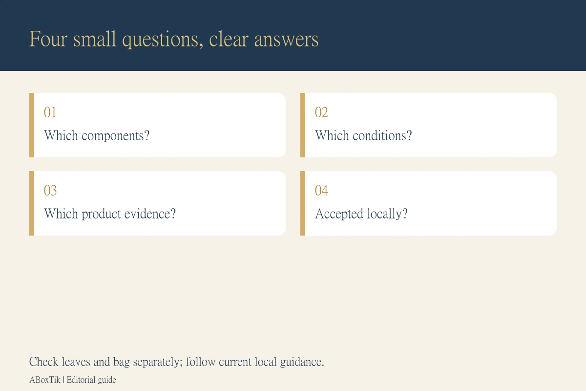 Compostable tea bags four-question checklist covering components, conditions, product evidence and local acceptance