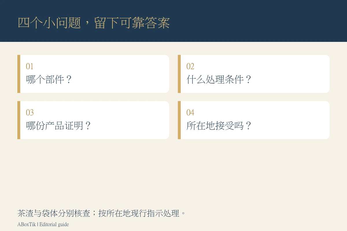 可降解茶包四步核查卡：部件、处理条件、产品证据与所在地接收去向
