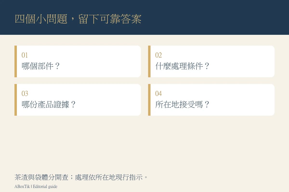 可分解茶包四步查核卡：部件、處理條件、產品證據與所在地接收去向