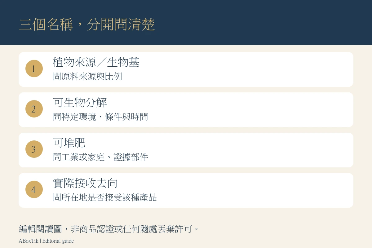 可分解茶包宣稱閱讀圖：原料來源、特定分解條件與工業或家庭堆肥分開查核