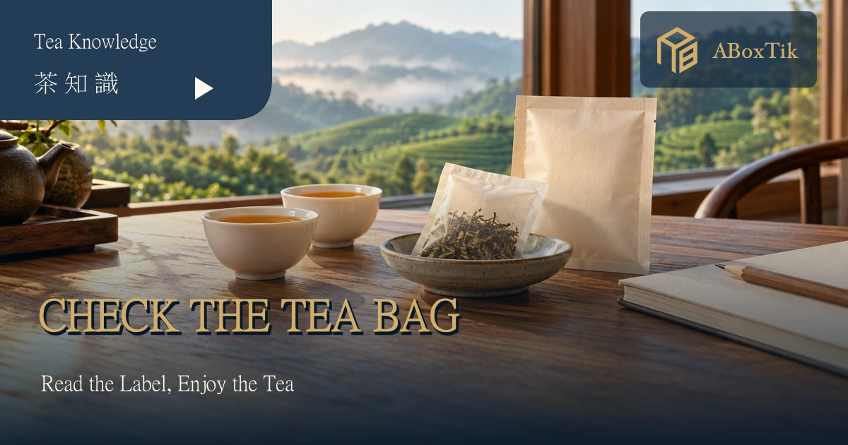 compostable tea bags: generic sachet, tea cups and packaging notes in a warm setting