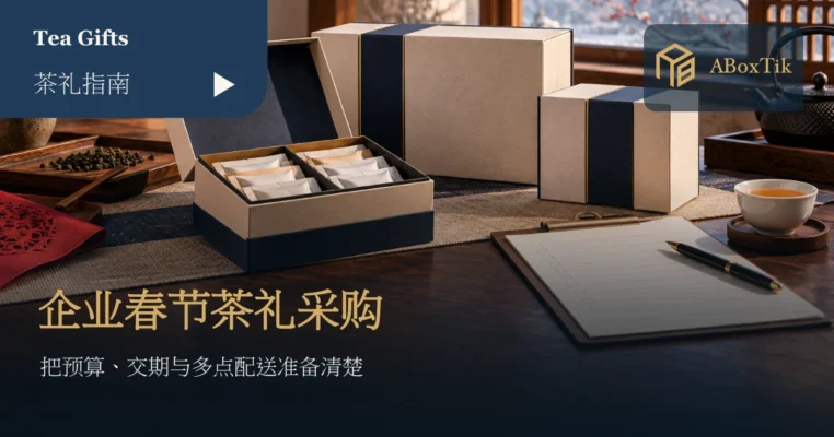 企业春节礼盒采购情境：茶礼盒、配送清单与桌边茶杯