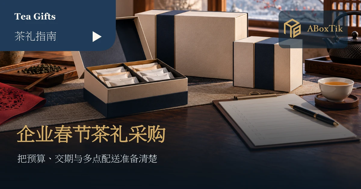 企业春节礼盒采购情境：茶礼盒、配送清单与桌边茶杯