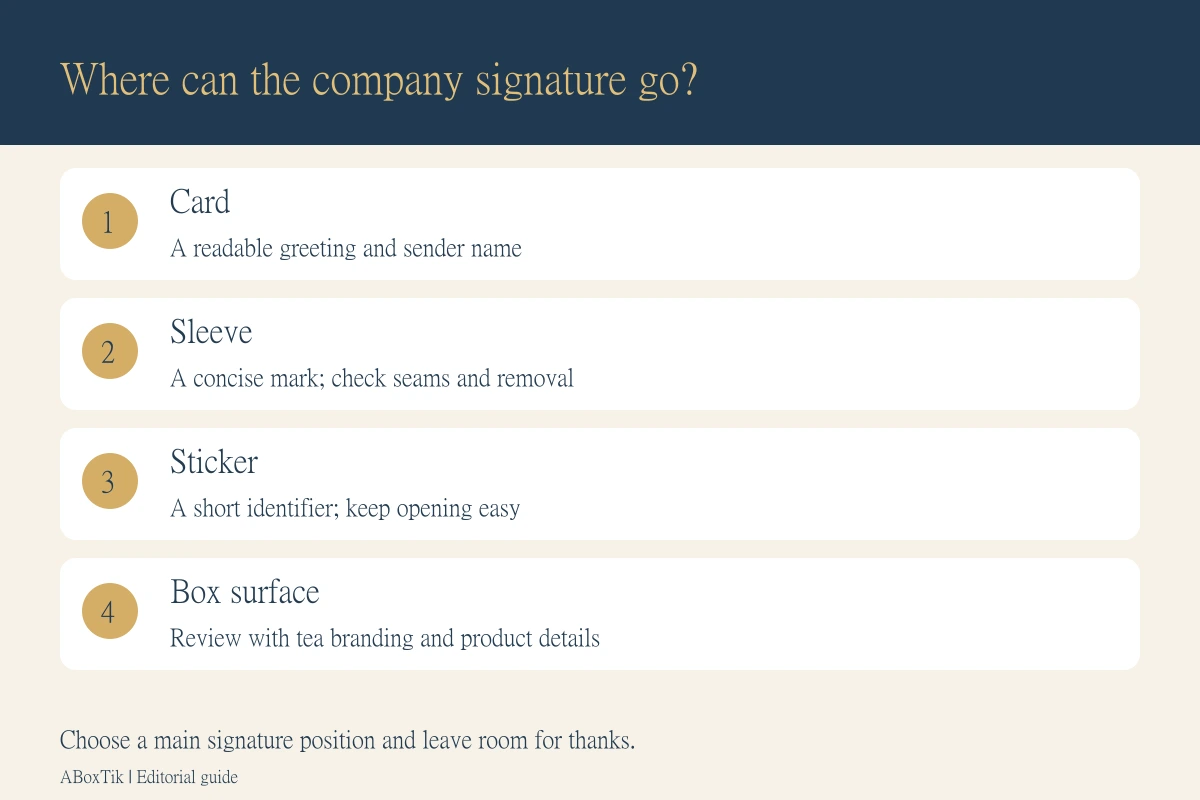 Company logo tea gifts placement guide comparing a card, sleeve, sticker and box surface