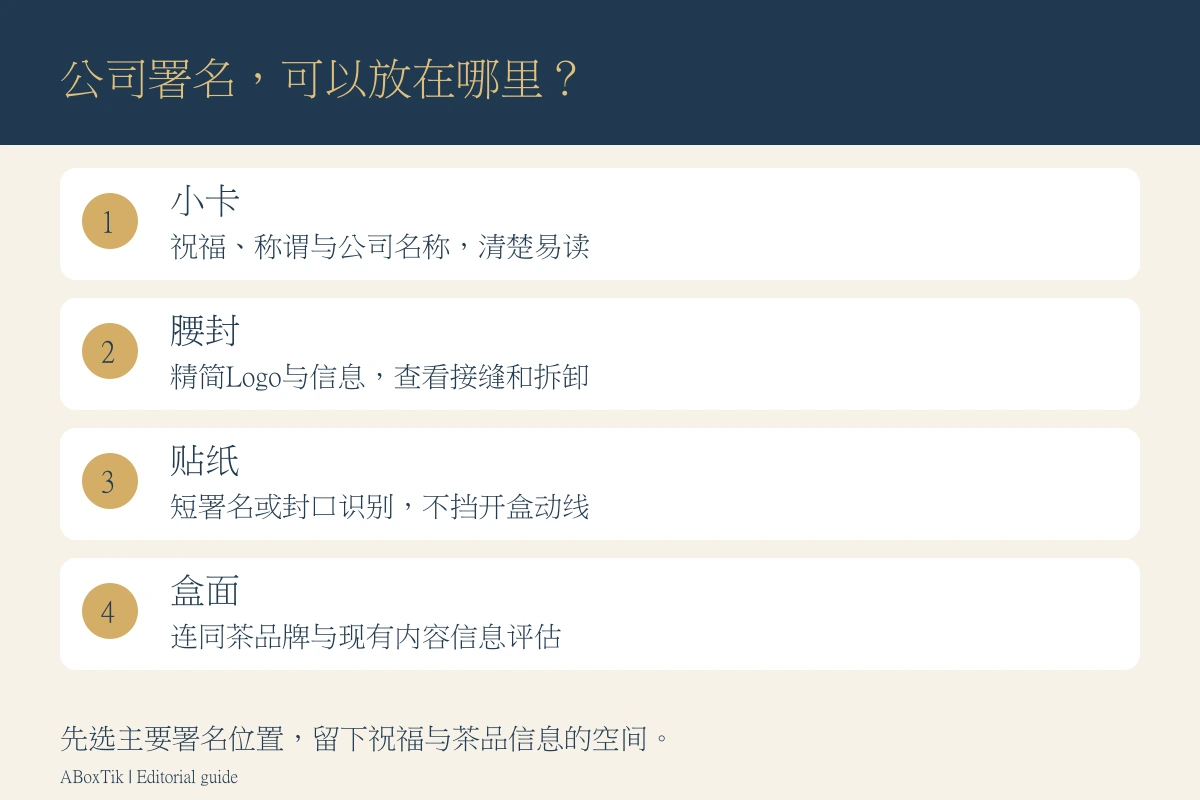 企业礼盒定制位置图：小卡、腰封、贴纸与盒面四种署名方式