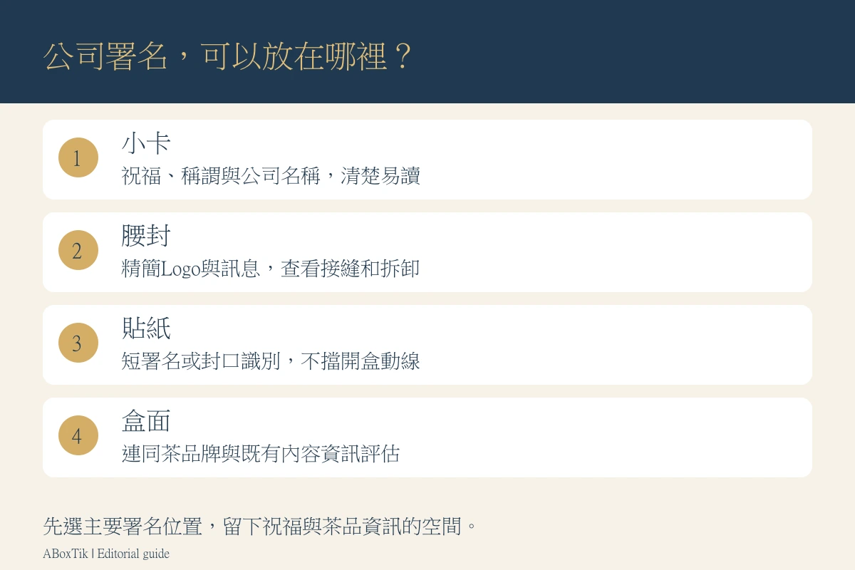 企業禮盒客製化位置圖：小卡、腰封、貼紙與盒面四種署名方式