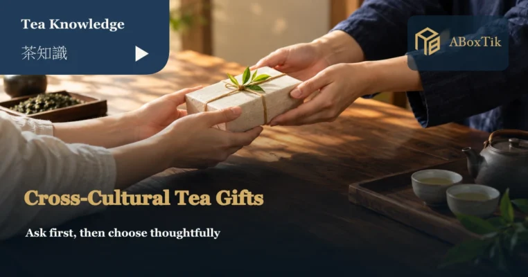 Two people handing over a small wrapped tea gift