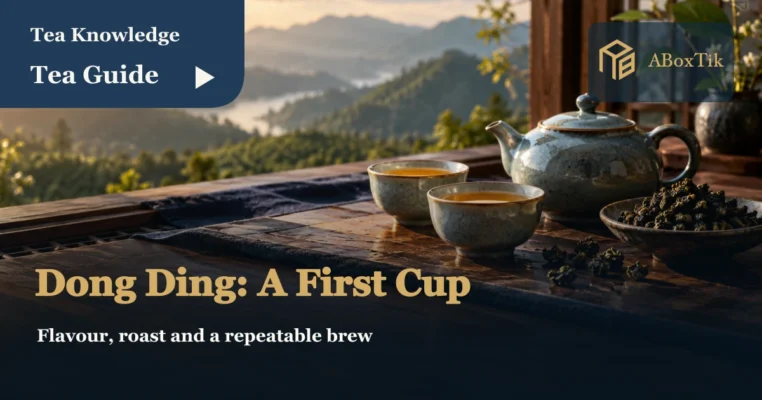 Dong Ding oolong tea set on a warm wooden table