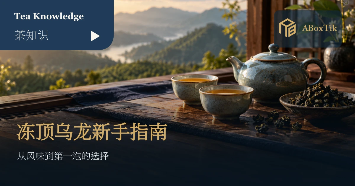 一壶冻顶乌龙与茶叶，放在温暖木桌上