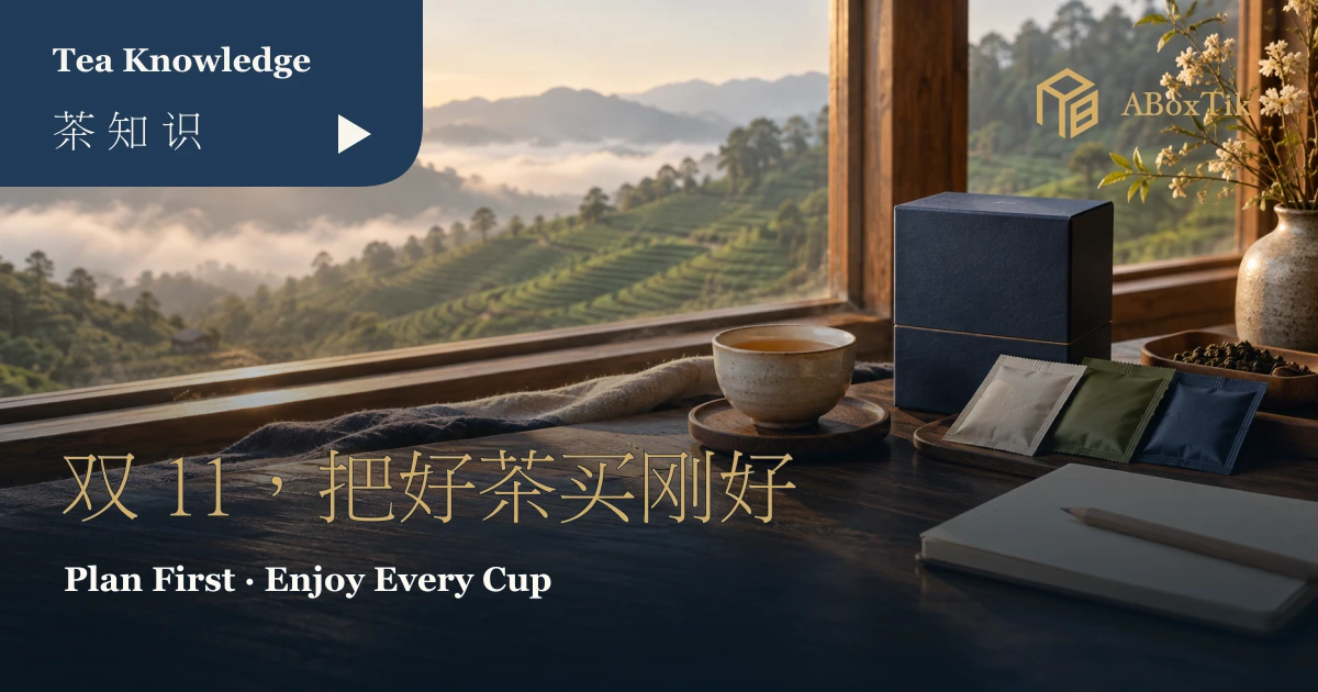 暖色窗边茶席上的茶杯、密封茶包与空白笔记本，呈现双11选茶前的规划场景