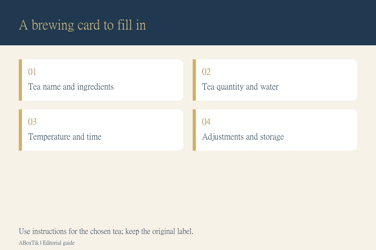 Double Ninth tea gifts brewing card with fields for tea name, tea and water, temperature and time, adjustment and storage