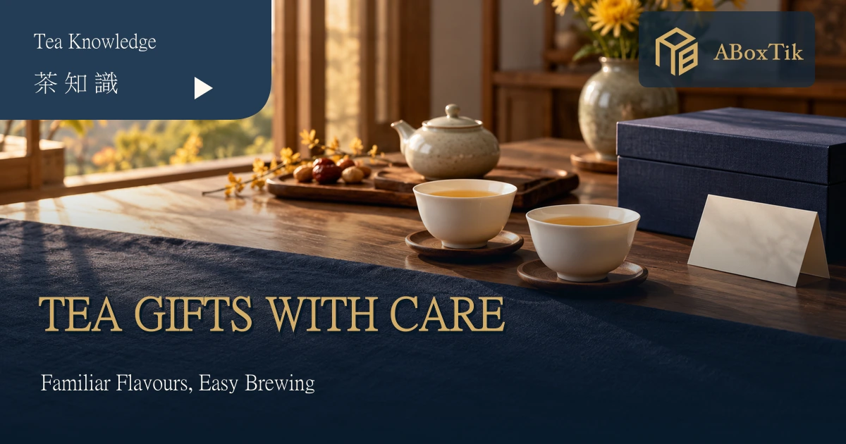 Double Ninth tea gifts: autumn tea table with porcelain cups and an unbranded gift box