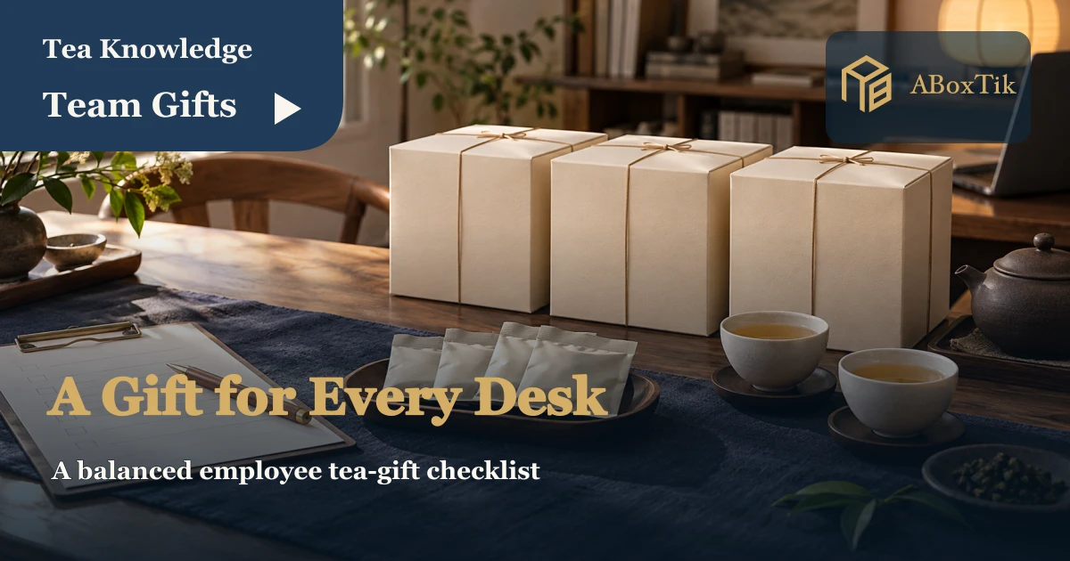 Employee tea gift planning scene with three plain boxes, cups, sachets and a blank checklist
