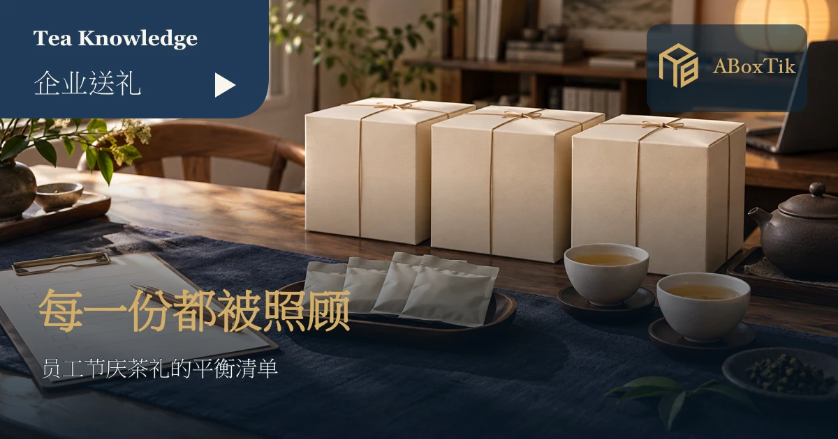 员工茶礼规划情境：三个素色礼盒、茶杯、茶包与空白核对表