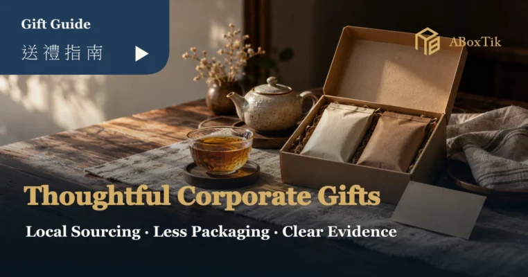 Open kraft gift box with two sealed tea packets, amber tea in a glass cup, ceramic teapot and blank card on a wooden table