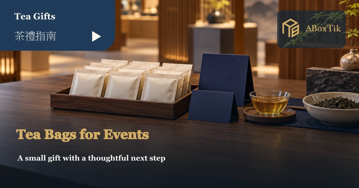 Tea bag giveaways with wrapped sachets, blank information cards and a tasting cup at an exhibition counter