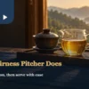 Glass fairness pitcher beside a gaiwan and white tasting cups