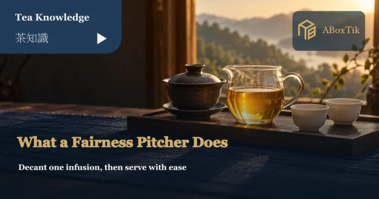 Glass fairness pitcher beside a gaiwan and white tasting cups