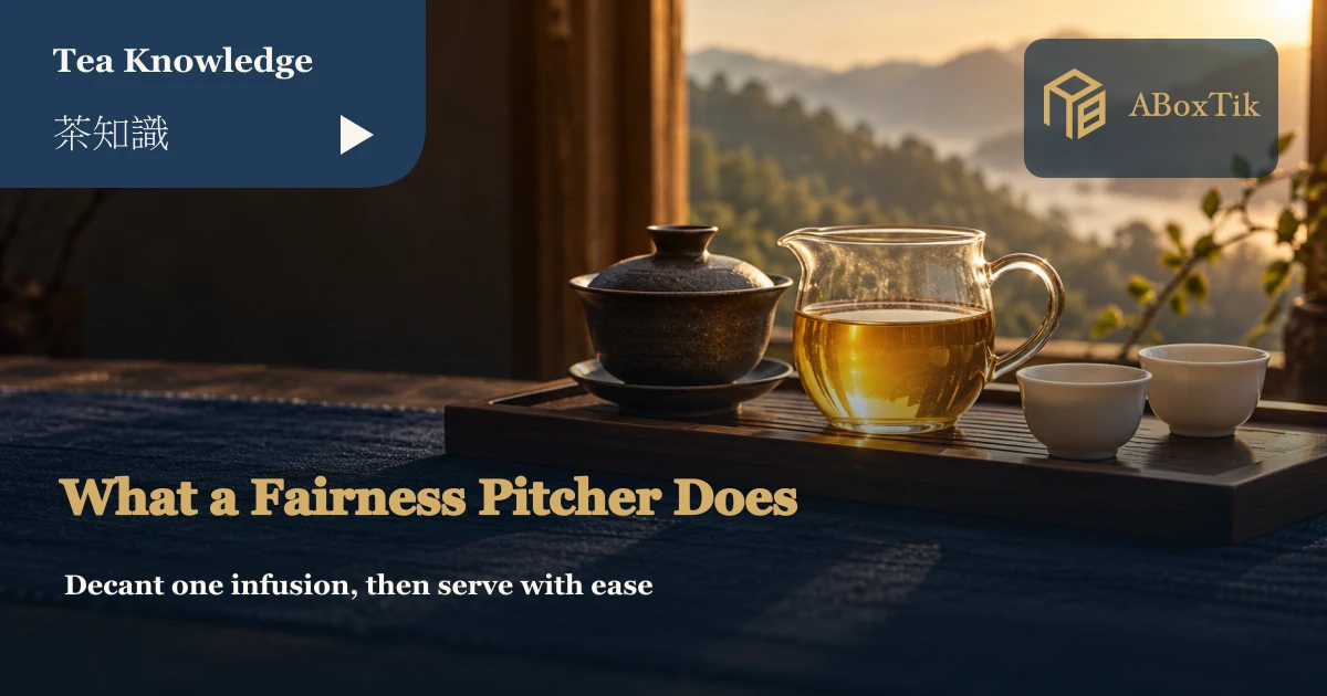Glass fairness pitcher beside a gaiwan and white tasting cups