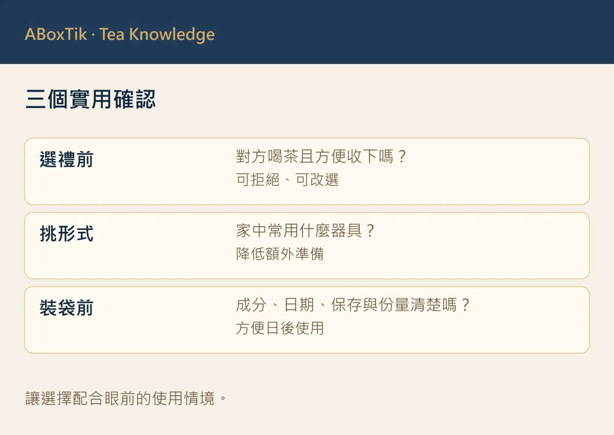三個實用確認: 選禮前, 挑形式, 裝袋前