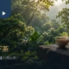 林边木桌上的茶杯与茶壶，后方是层叠森林