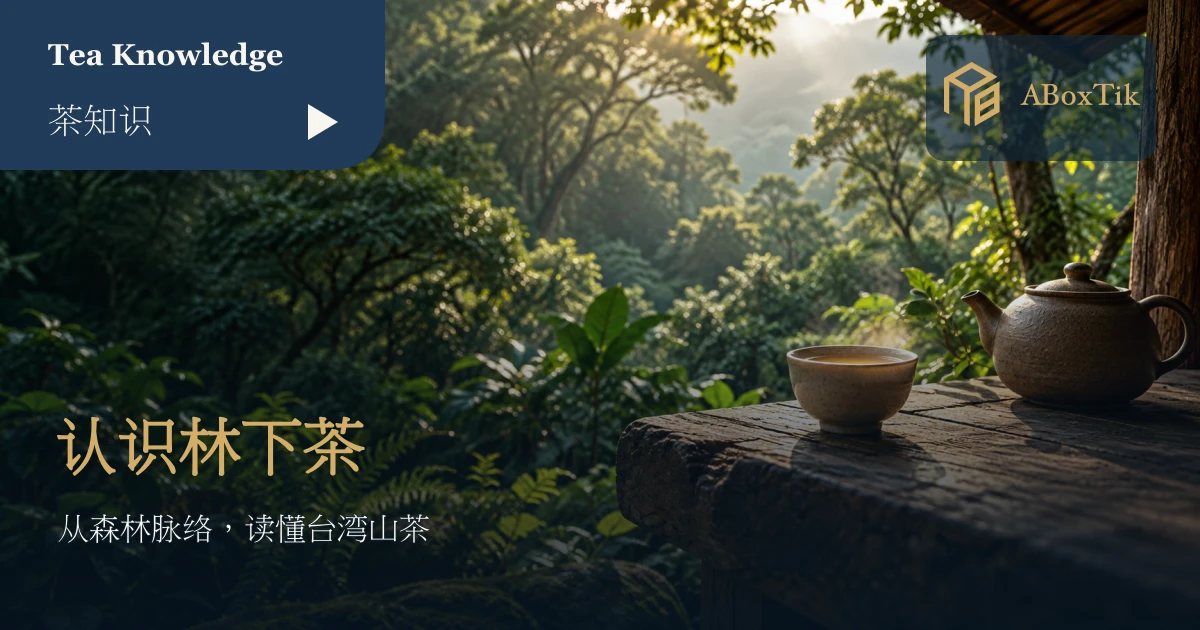 林边木桌上的茶杯与茶壶，后方是层叠森林