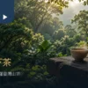 林邊木桌上的茶杯與茶壺，後方是層疊森林