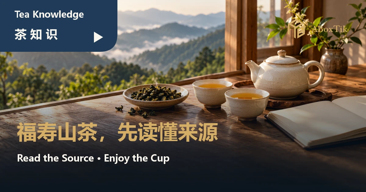 福寿山茶来源与品饮指南的暖色茶席、两杯茶汤与空白笔记本