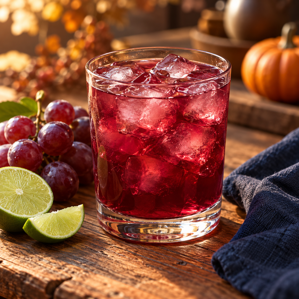 Grape jade oolong illustration: a purple-red iced tea drink with red grapes and lime beside the glass