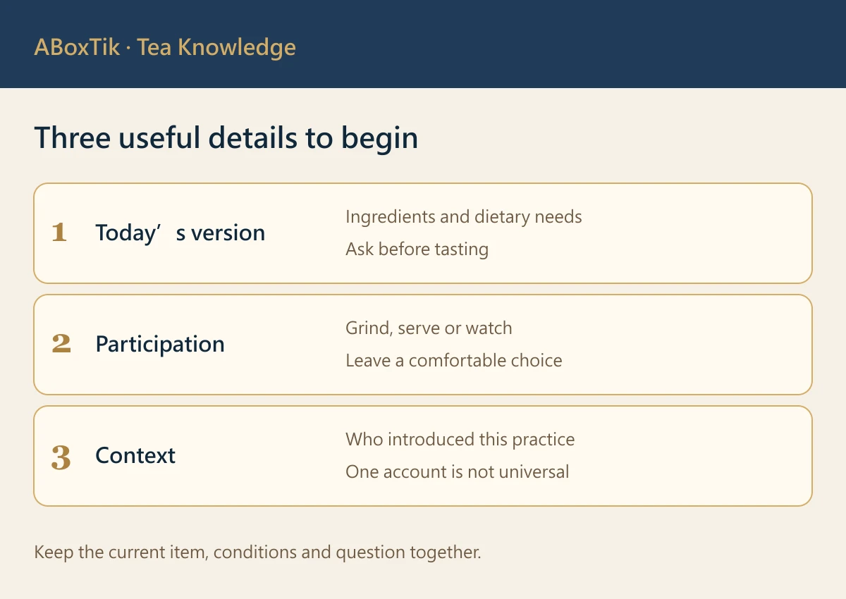 Hakka lei cha culture sharing checklist for versions, ingredients and participation
