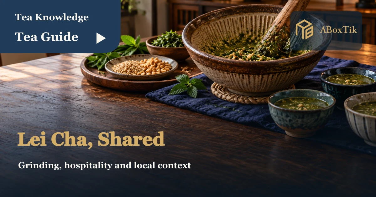 Lei cha bowl, tea cups and shared snacks on a welcoming table