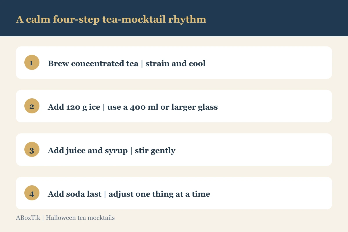 Halloween tea mocktail steps: brew concentrated tea, cool, add ice and fruit ingredients, then stir gently