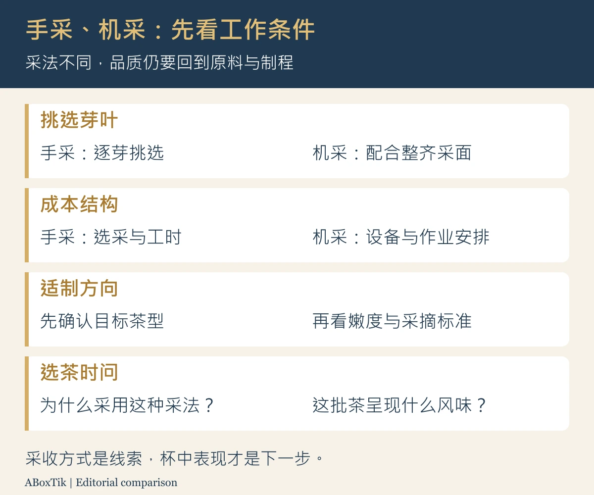 手采与机采茶比较图，说明叶片选择、成本结构、预期茶风格与向卖方确认的信息