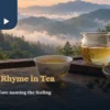 High-mountain tea setting with a porcelain cup, glass pitcher and a misty mountain view