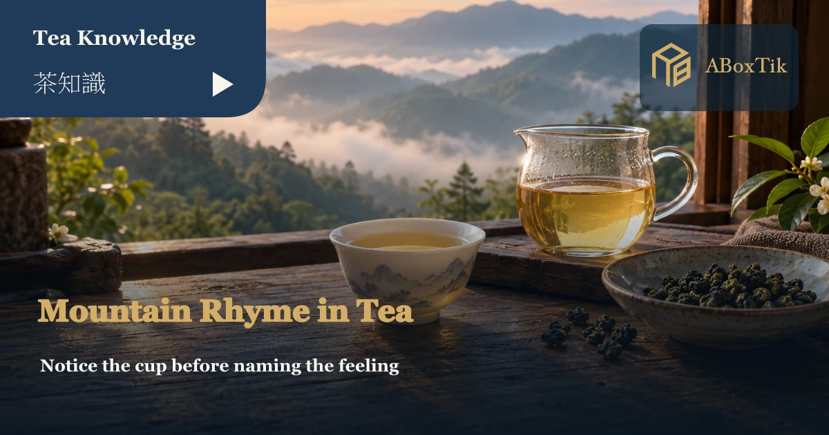 Mountain Rhyme Tea: Observable Clues in High-Mountain Tea - ABoxTik 一盒精品 1 High-mountain tea setting with a porcelain cup, glass pitcher and a misty mountain view