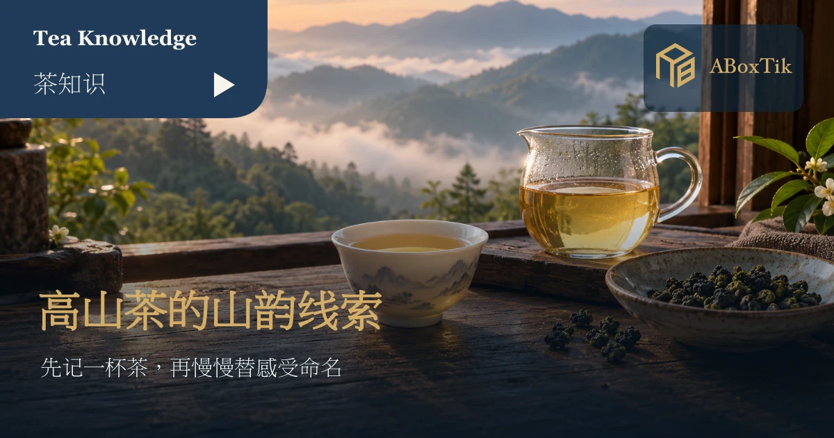高山茶山韵观察指南情境：瓷杯、玻璃茶海与窗外薄雾山景
