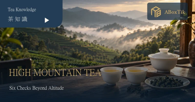Illustrative high mountain tea quality setting with white tasting cups, dry leaves and misty tea hills