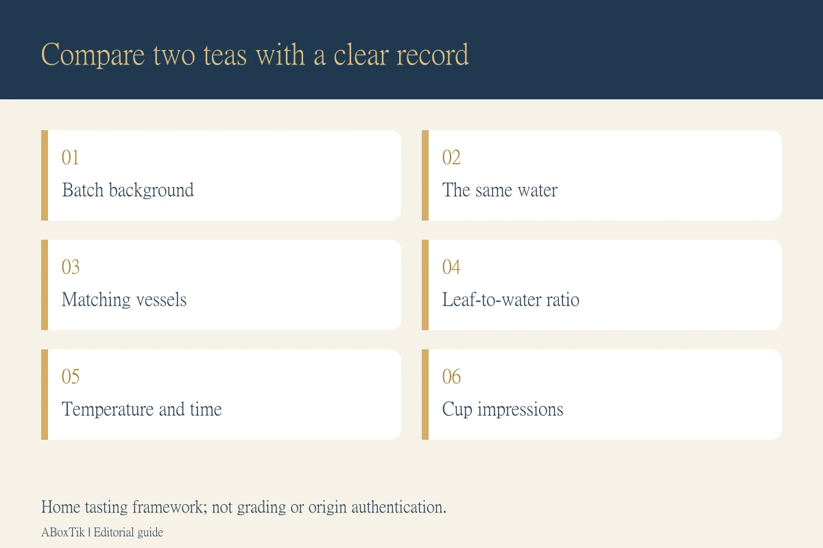 Six fields for comparing tea: batch, water, vessel, ratio, time and cup impressions