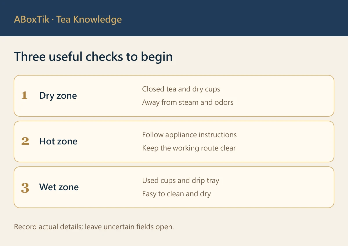 Home tea bar checklist separating dry tea, hot-water work and wet tools