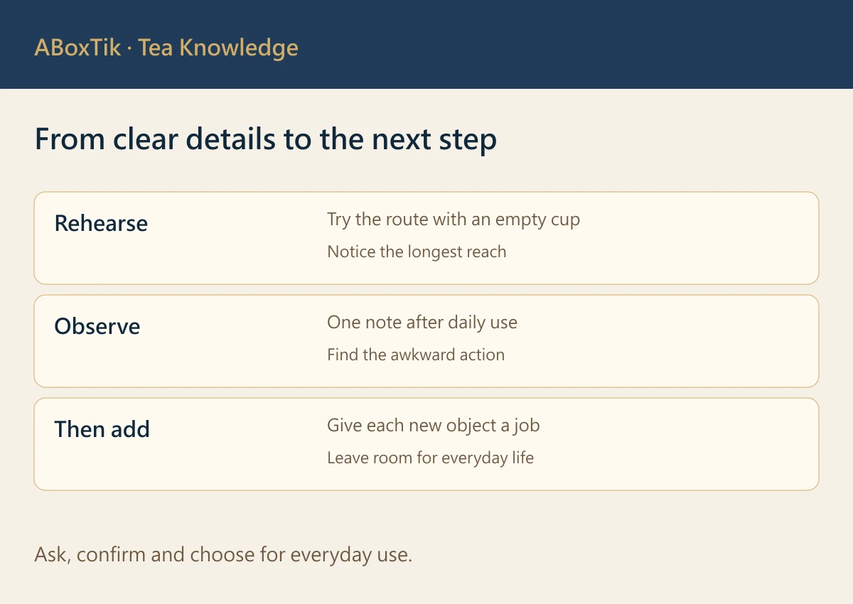 Home tea bar decision card for layout, cleanup and everyday tea choices